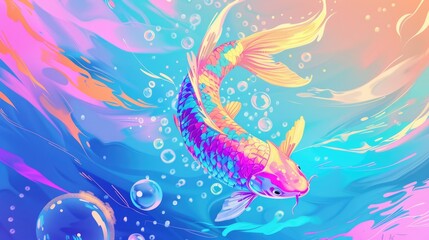 Obraz premium Colorful koi fish swimming under rippled water surface with rain drops