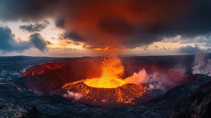 Fototapeta premium A Dramatic Volcanic Eruption Scene with Flowing Lava and Smoky Clouds at Dusk