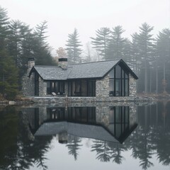 Stone House on Lake Surrounded by Foggy Forest Reflecting in the Water a Misty Setting