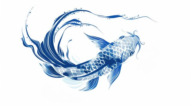 Japanese koi fish swimming, traditional oriental art illustration isolated on white background