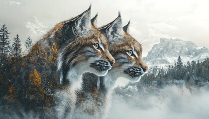 An artistic combination two profiles lynxes merging with the picturesque landscape.