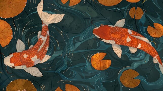 Japanese koi fish swimming in pond with lotus leaves, traditional oriental art illustration