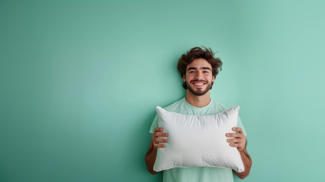 World Sleep Day with young smile woman holding soft pillow against light blue background. Copy space