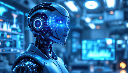Advanced Robotic Female Android in a Futuristic Lab Setting