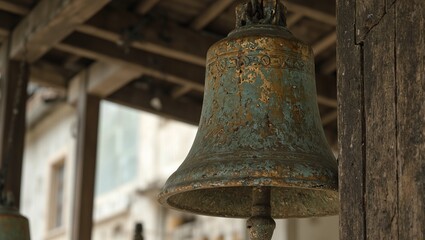 Fototapeta premium Vintage brass bell with green patina hanging from wooden beam in rustic village setting