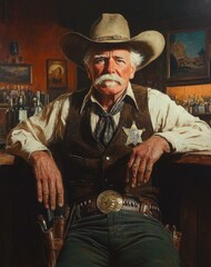 Western Sheriff Portrait With Star Badge In A Bar Looking At Camera From Under His Hat
