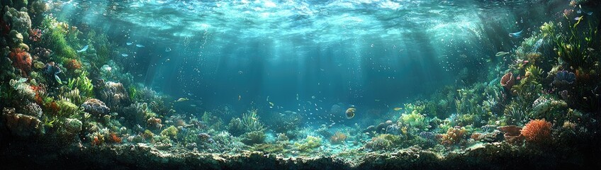 Fototapeta premium Vibrant Triple-Layer Nature Composite: Evening Sky, Turquoise Sea, and Sunlit Underwater Marine Life