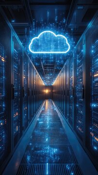Exploring the Digital Cloud: A Journey Through Server Racks and Data Streams, Illuminating the Future of Information Technology.  Advanced Data Storage and Network Infrastructure in Modern Computing.
