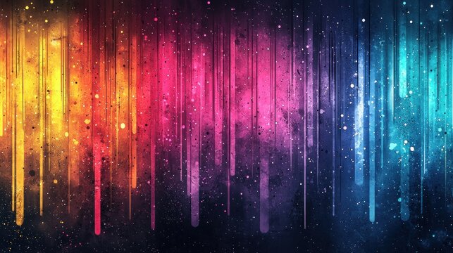 Colorful streaks, glitter rain on dark cosmic backdrop.