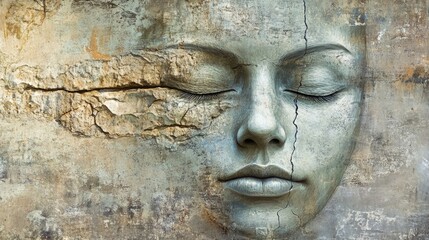Stone face with cracked effect and closed eyes on a textured background 50