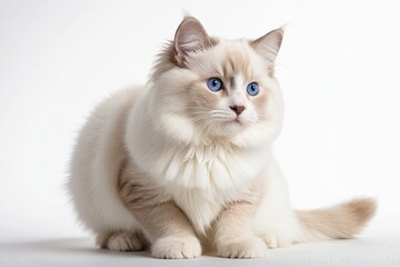 araffy white cat with blue eyes sitting on a white surface