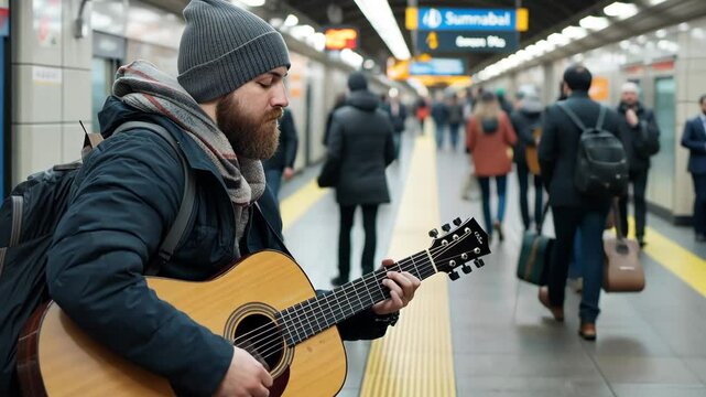 Homeless Musician Performing in Subway Station