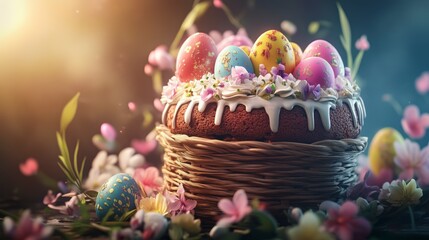 Easter basket with a traditional cake and decorated eggs
