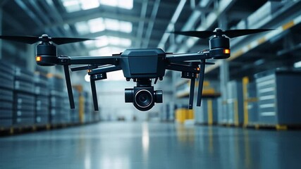 Modern quadcopter drone with camera flying through large industrial warehouse or factory building, monitoring and inspecting manufacturing operations - Powered by Adobe