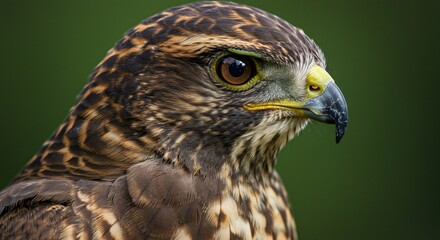A close-up portrait of a majestic hawk with piercing yellow eyes, a hooked beak, and intricate brown and white plumage against a blurred green background.