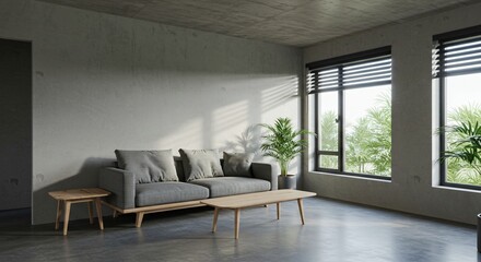 Fototapeta premium A modern minimalist living room with a gray sofa, wooden furniture, large windows, and natural light illuminating indoor plants.