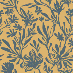 Seamless floral contrast trend vector concise tz leaves and inflorescences handmade ink drawing for fabric design, decor, ceramics, greeting cards, flowers, texture print on a beige background