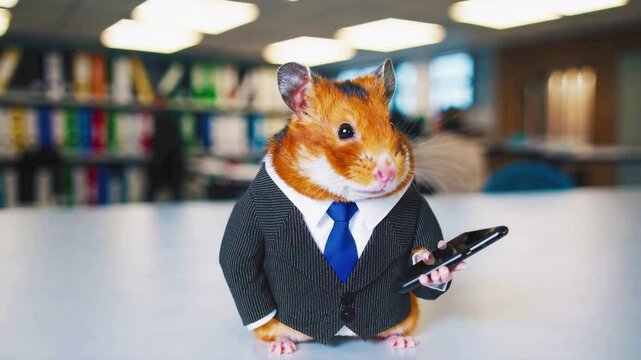 Hardworking hamster in business suit at work in the office
