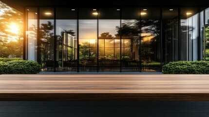 Modern architectural design showcasing large glass windows at sunset near a tranquil garden area for relaxation and gatherings