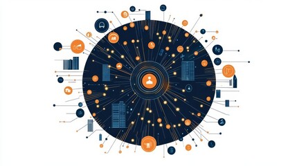 Obraz premium Abstract technology network with icons and connected nodes.