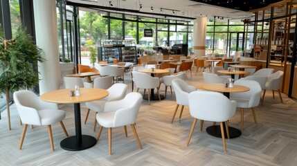 Fototapeta premium Stylish café interior featuring modern furniture and bright natural light in a busy urban environment