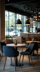Fototapeta premium The contemporary design of the cafe boasts inviting seating configurations and an abundance of natural light that fills the space during the daytime hours