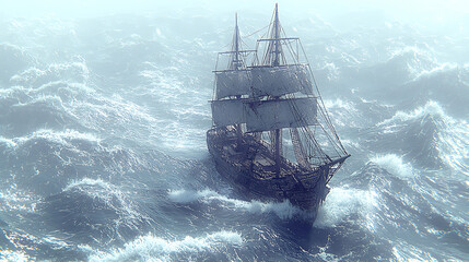 Dramatic aerial view of a historic sailing ship navigating tumultuous ocean waves.  Perfect for themes of adventure, perseverance, and the power of nature.