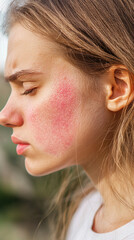 Obraz premium Young Woman with Skin Irritation on Cheek in Natural Light