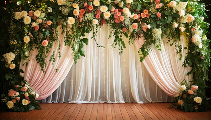 Fototapeta premium Elegant wedding backdrop with sheer curtains and lush floral arrangement. Perfect for invitations, websites, or event planning. Romantic pastel tones create a dreamy atmosphere.