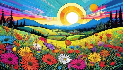Obraz premium Colorful flowers bloom in a lively meadow as the sun rises over distant mountains during spring.