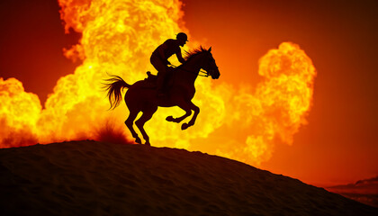 Fototapeta premium Silhouetted horseman gallops across a sandy terrain against an intense, fiery explosion backdrop, creating an action-packed and dramatic scene of adventure and excitement.