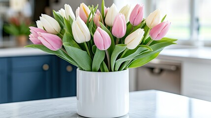 Bright and colorful tulips arranged elegantly in a white vase on a kitchen counter near natural light