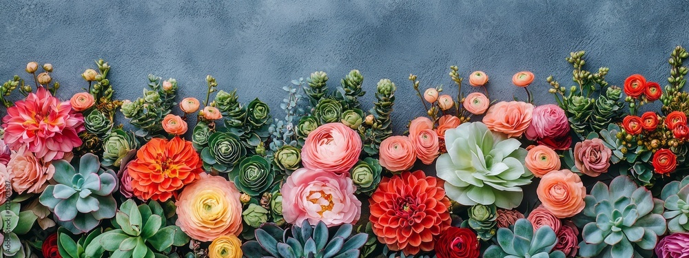 Poster Spring blossoms burst with color, showcasing a stunning array of flowers harmonizing in shades of pink, orange, and green. This lively display captivates onlookers with its beauty and freshness