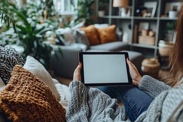 Woman Relaxing On Sofa Using Blank Tablet Screen
