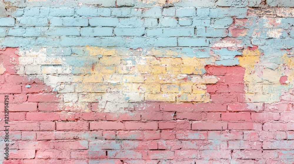 Poster a weathered brick wall reflects a harmonious blend of faded pastel colors, showcasing an intricate s