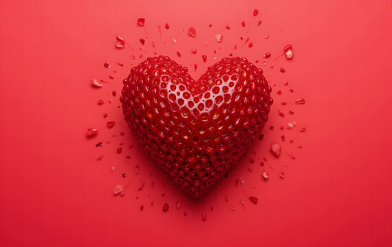 Red berry strawberry heart shape on red background. close-up
