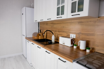 Side view of the modern kitchen with white cabinet and wooden countertop on which there is a toaster, plants and bread box with knife rack, prominent gas hob, black sink and white fridge. Modern