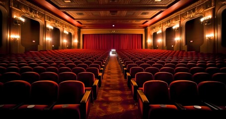Completely Filled Movie Theater with Ornate Red Velvet Seating and Maroon Drapes