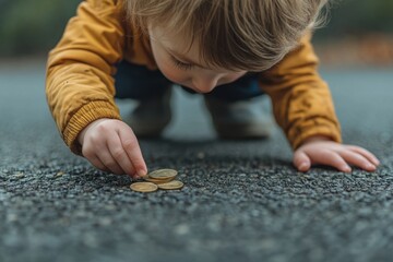 Toddler picking up coins on the ground, learning about money and finances