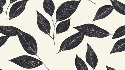 Obraz premium Seamless Foliage Pattern with Bold Black Leaves, Minimalist Design, Graphic Art, Clean Aesthetic