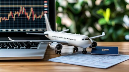 Model airplane on desk next to laptop displaying stock market data and boarding pass, suggesting a connection between travel and finance