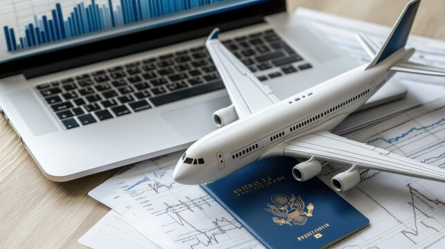 Model airplane and passport placed alongside a laptop displaying financial graphs and analysis documents on a wooden desk