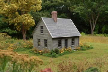 Obraz premium A small, rustic wooden house with a chimney, surrounded by lush greenery and wildflowers in a serene, natural setting.