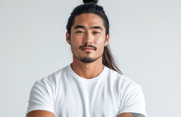 A man with long hair in a white t-shirt poses for a picture