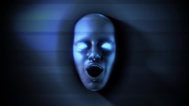 A face emerges from television white noise static with a weak TV signal and noise effects.