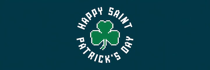 Fototapeta premium A creative minimalist Saint Patrick's Day poster design with a pixel theme. There's a green shamrock in the center. Surrounding the shamrock are the text 