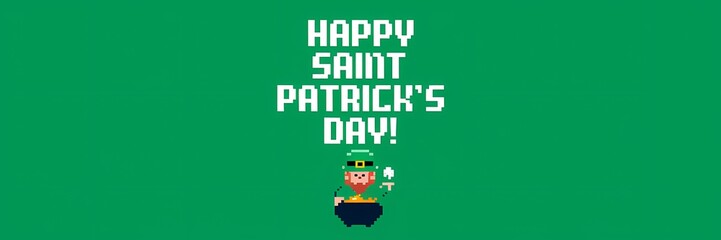 A creative minimalist Saint Patrick's Day poster design in a pixel theme. The poster is a green background with a white text that says "Happy Saint Patrick's Day!" There's a pixel art illustration  