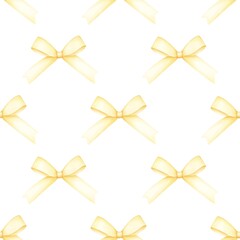 Seamless pattern with watercolor yellow bow  ribbon, hand drawn isolated on white. Ideal for fabric,scrapbooking,banner , card, wrapping paper