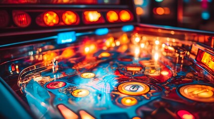 A retro pinball machine with vibrant, flashing lights and a detailed backglass