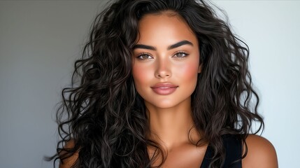 Naklejka premium A woman with long dark brown hair and a black top